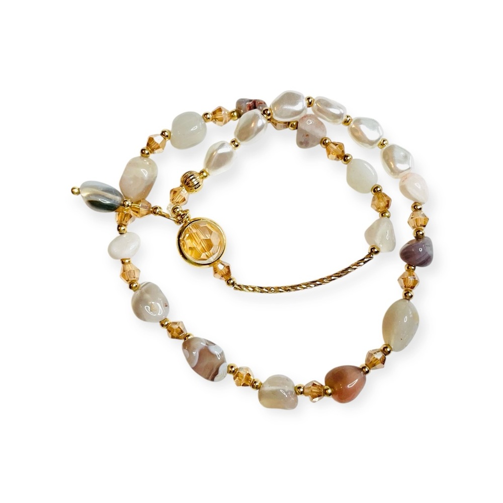 Crystal Gold Pearl Bracelet Gem Stone Beaded Double Layer 6-7” Stretchy - Picture 3 of 5